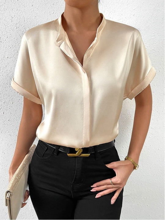 Damen elegante Kurzarmbluse mit asymmetrischem Kragen R&B