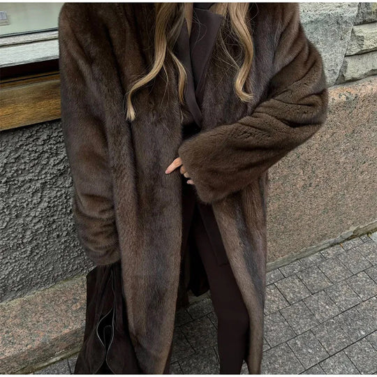 Damen Luxuriöser Kunstfellmantel mit weitem Schnitt und eleganten Details R&B