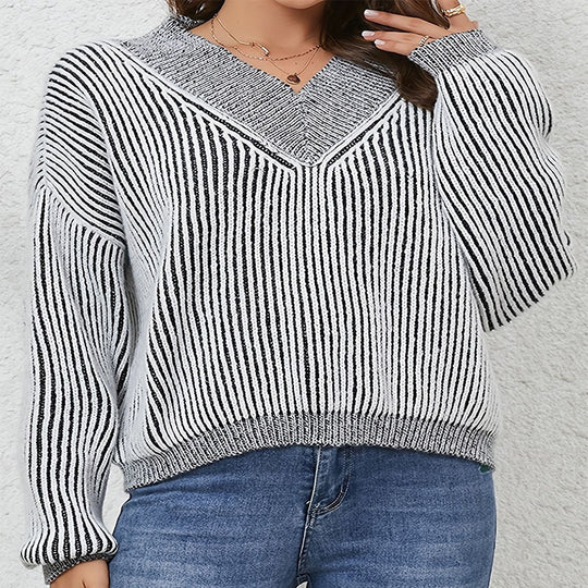 Damen lässiger V-Ausschnitt Pullover mit Streifenmuster R&B
