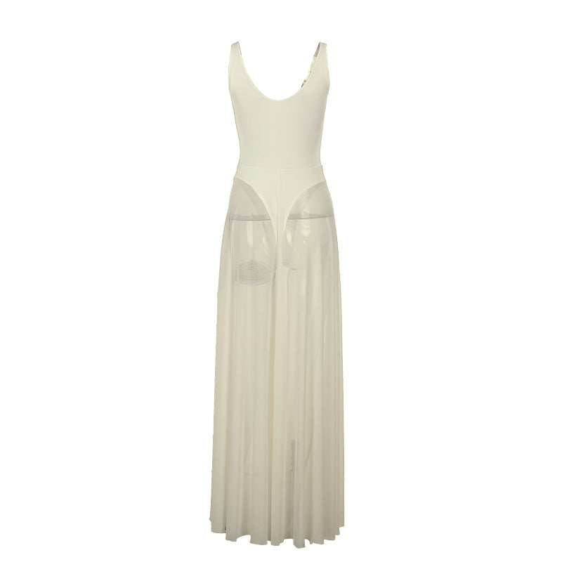 Damen Stilvolles Maxikleid mit transparentem Rock und elegantem V-Ausschnitt R&B