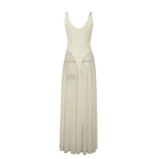 Damen Stilvolles Maxikleid mit transparentem Rock und elegantem V-Ausschnitt R&B