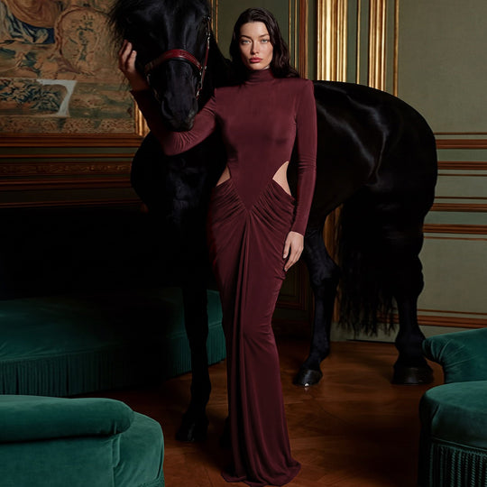 Damen elegantes langärmliges Kleid mit raffiniertem Drapierungseffekt R&B