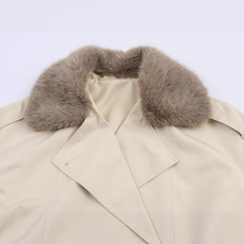 Damen modische Jacke mit kunstvollem Fellkragen und doppelter Knopfblende R&B