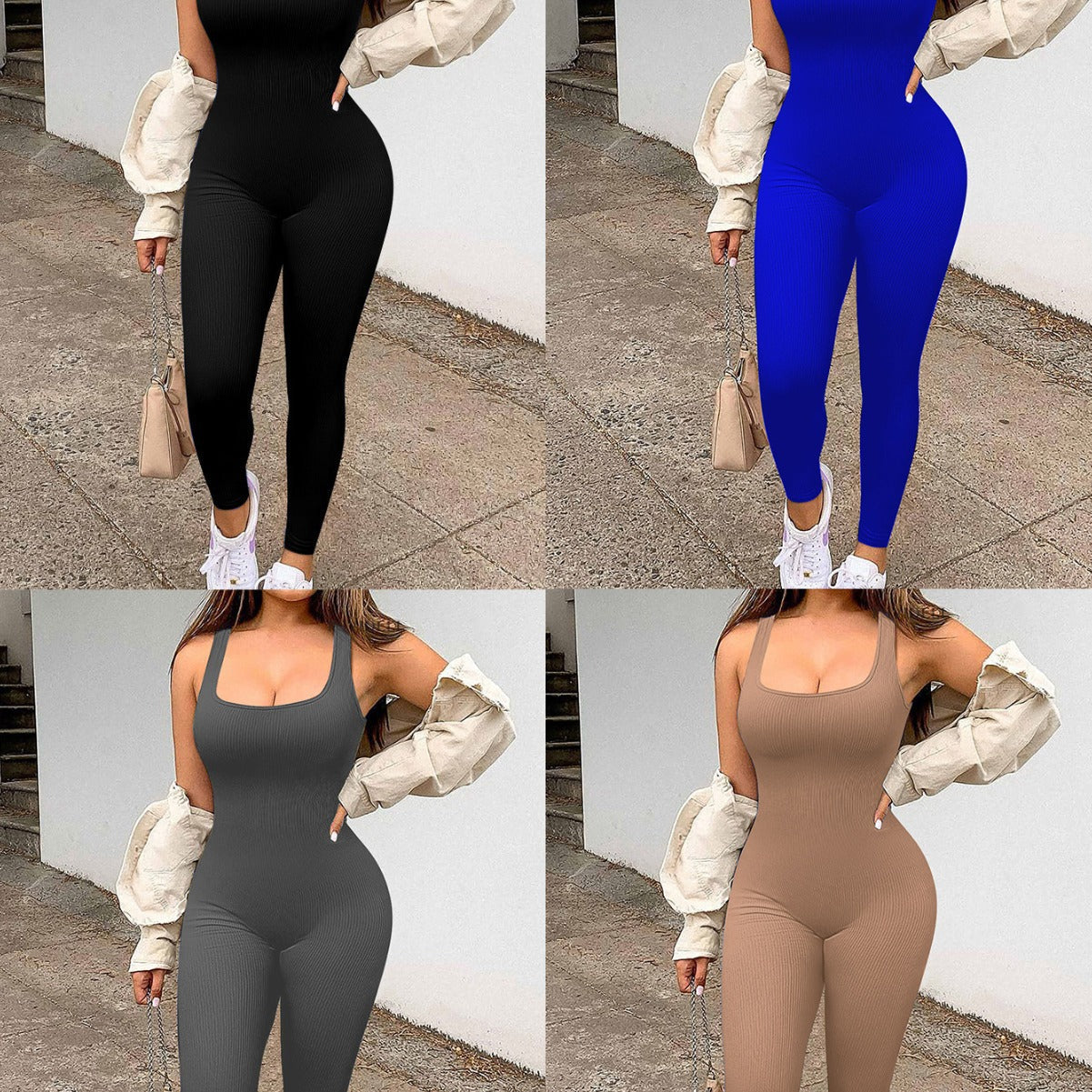 Damen Rippstrick Jumpsuit mit breiten Trägern und figurbetonter Passform R&B