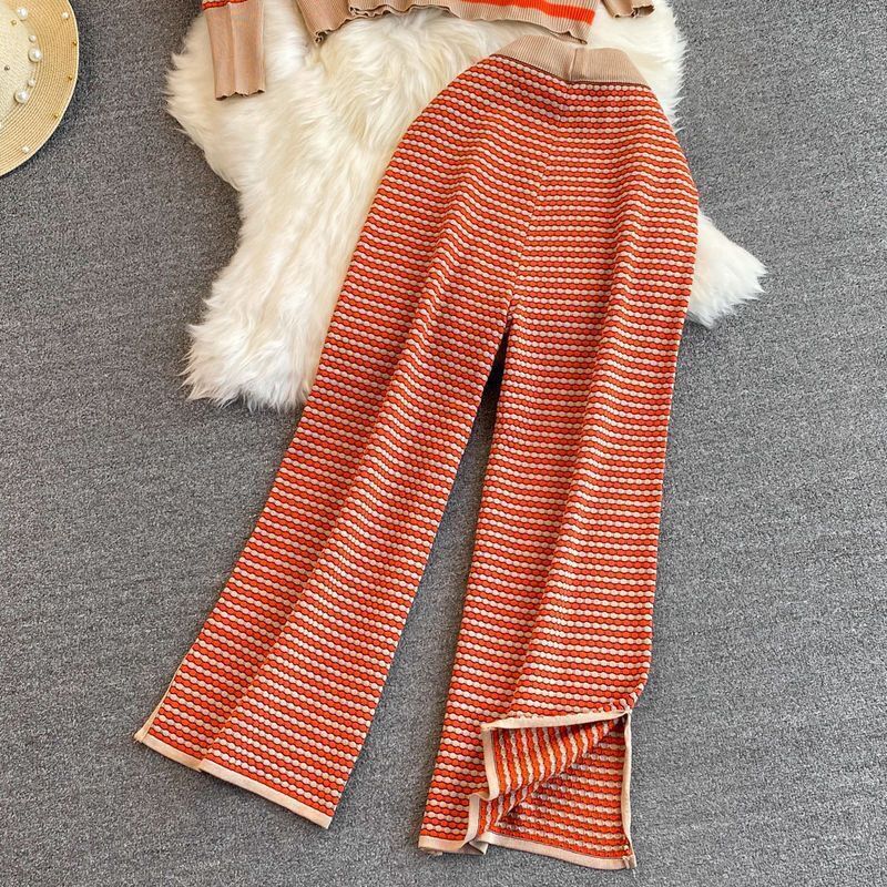 Damen Stylisches Strick-Loungewear-Set mit Tiefem V-Ausschnitt und Weit Geschnittenen Hosen R&B