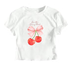 Damen Crop-Top mit fröhlichem Kirschmotiv und Schleifendruck R&B