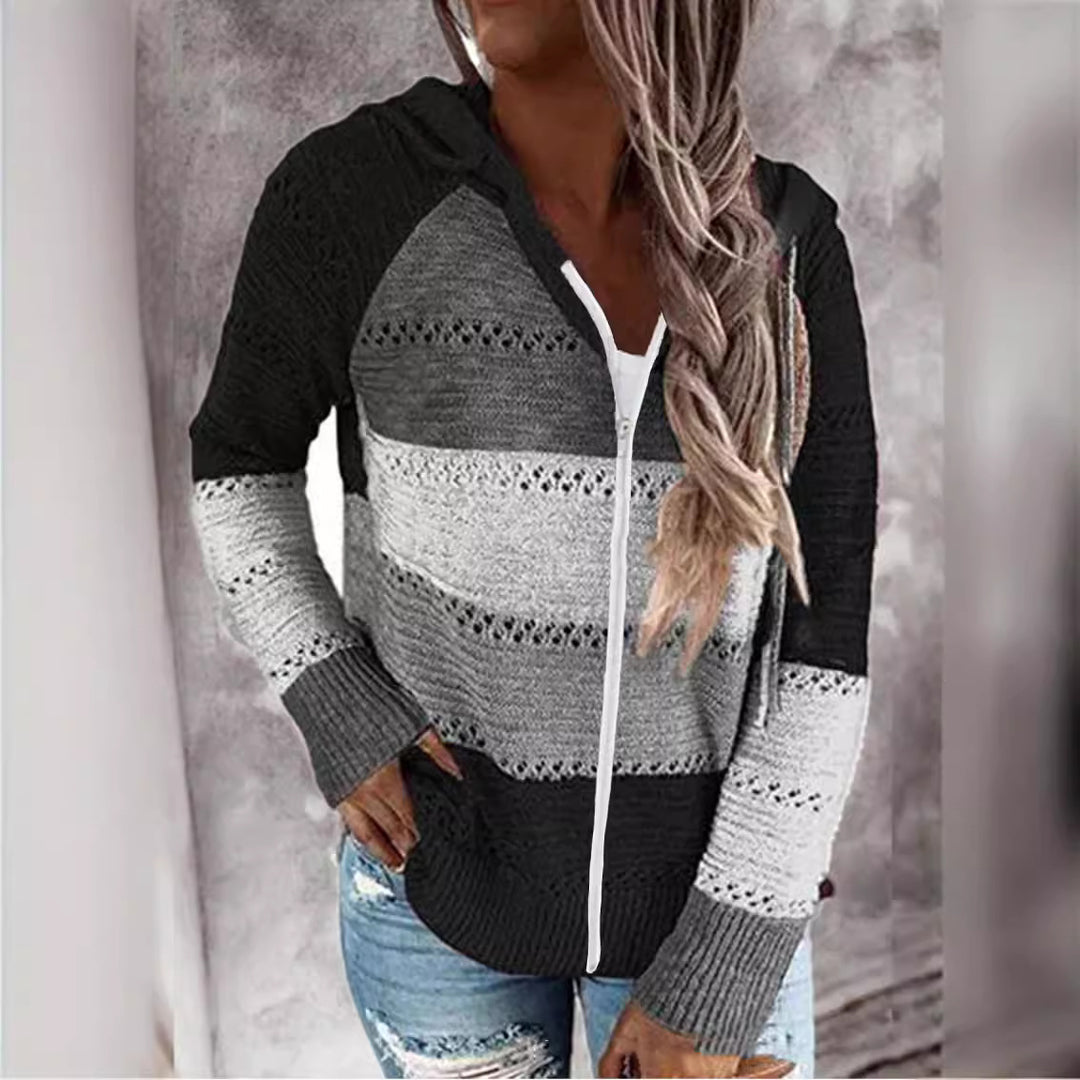 Damen Lässige Strickjacke mit Reißverschluss und Kapuze R&B