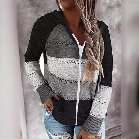 Damen Lässige Strickjacke mit Reißverschluss und Kapuze R&B