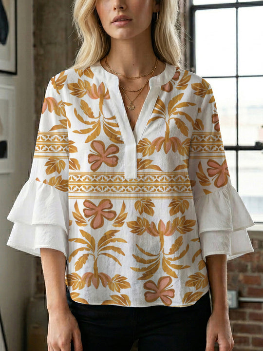 Damen lässige Bluse mit Volantärmeln und botanischem Druck R&B