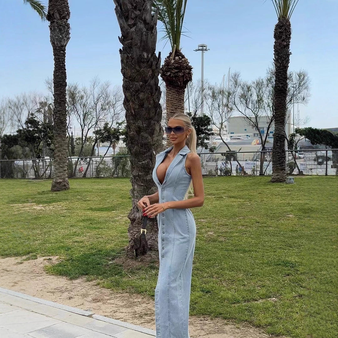 Damen Denim Maxikleid mit Knopfleiste und hohem Kragen R&B