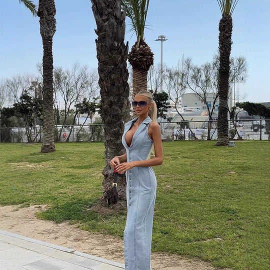 Damen Denim Maxikleid mit Knopfleiste und hohem Kragen R&B