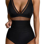 Damen Hochtaillierter Badeanzug mit transparenten Einsätzen R&B