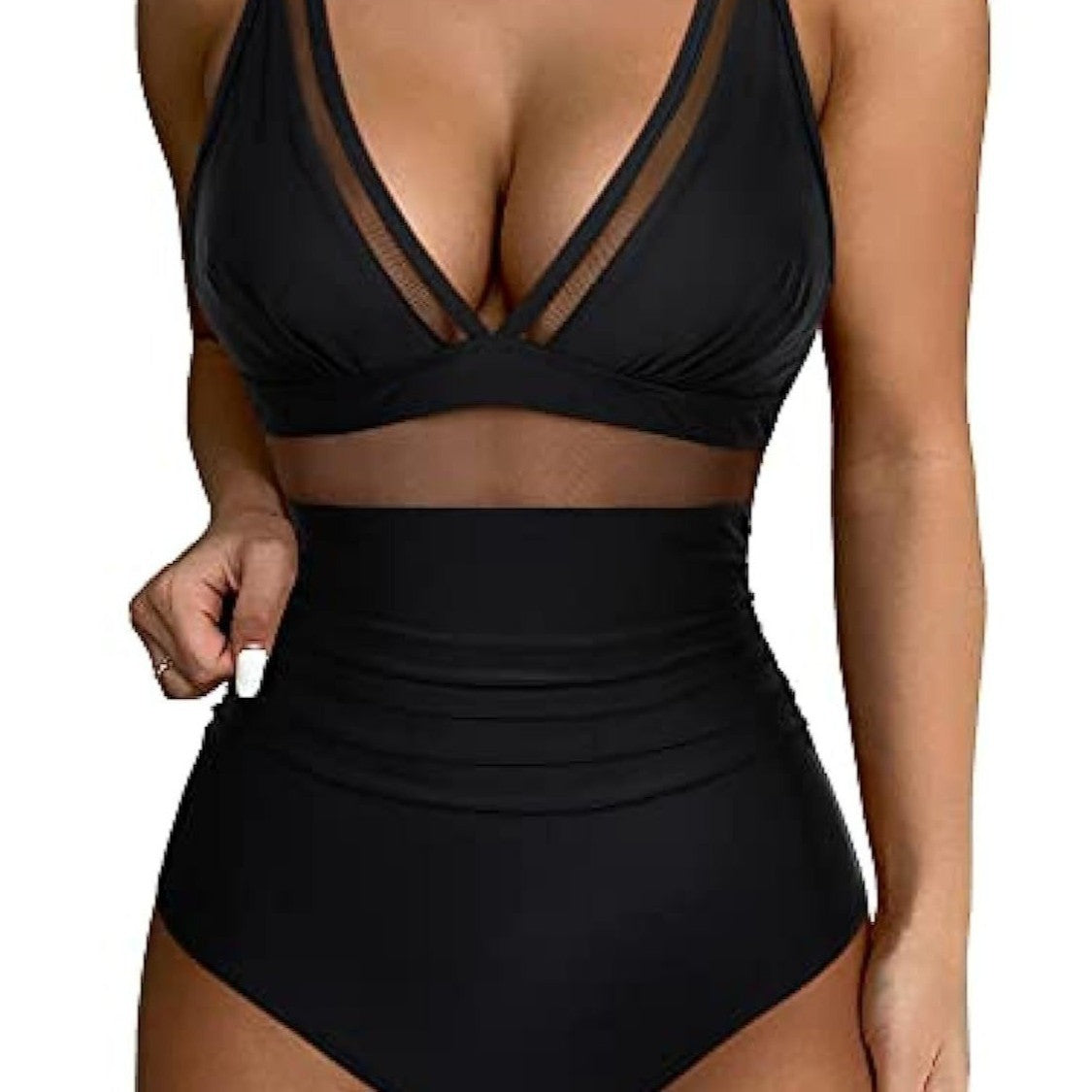 Damen Hochtaillierter Badeanzug mit transparenten Einsätzen R&B