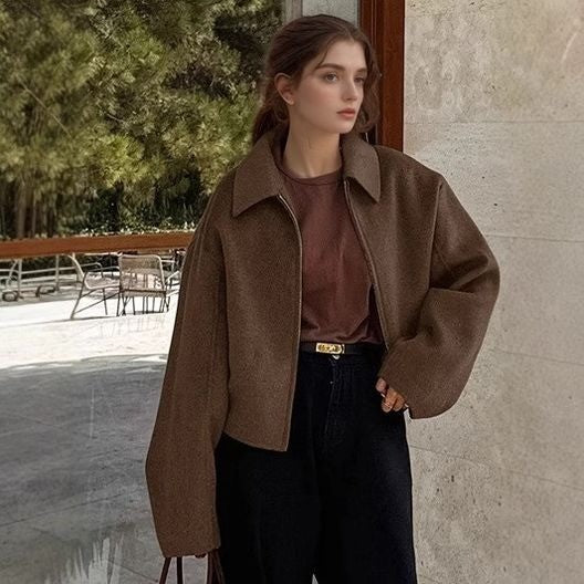 Damen lässige Kurzjacke mit weitem Schnitt und Reverskragen R&B
