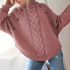Damen Lockere Strickpullover mit hohem Kragen und dekorativen Knöpfen R&B