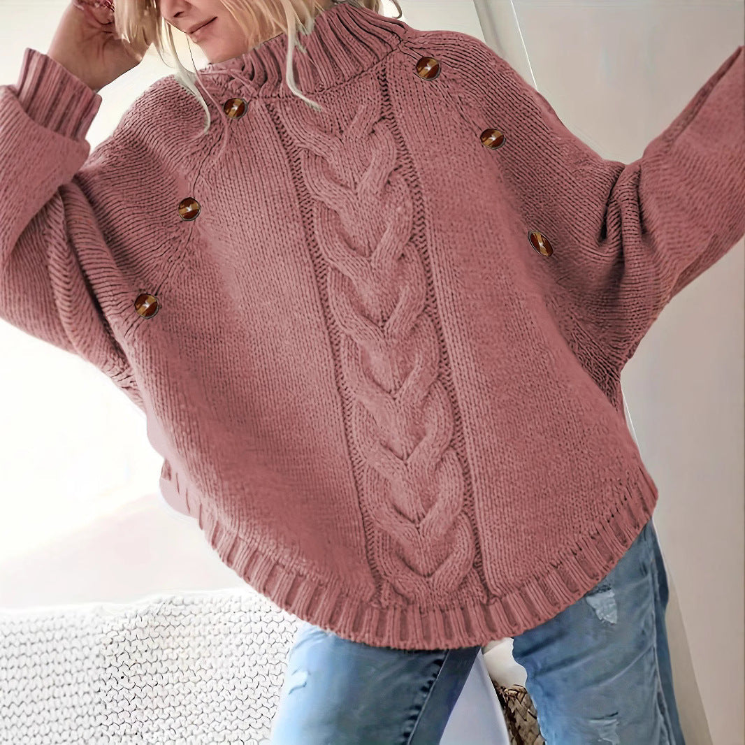 Damen Lockere Strickpullover mit hohem Kragen und dekorativen Knöpfen R&B