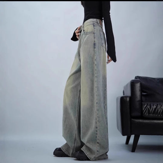 Damen trendige Baggy-Jeans mit hohem Bund und weiten Beinen R&B