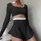 Damen sportliches Crop-Top und Short-Set mit weitem Saum R&B