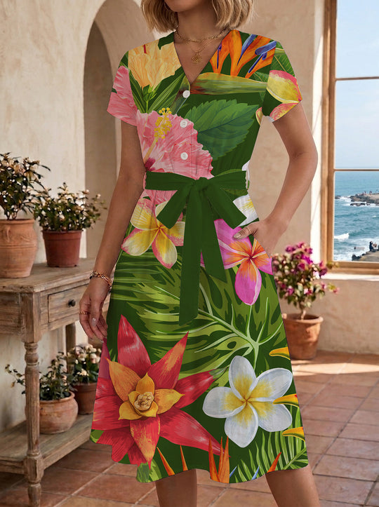 Damen Midikleid mit floralem Motiv und Taillengürtel R&B