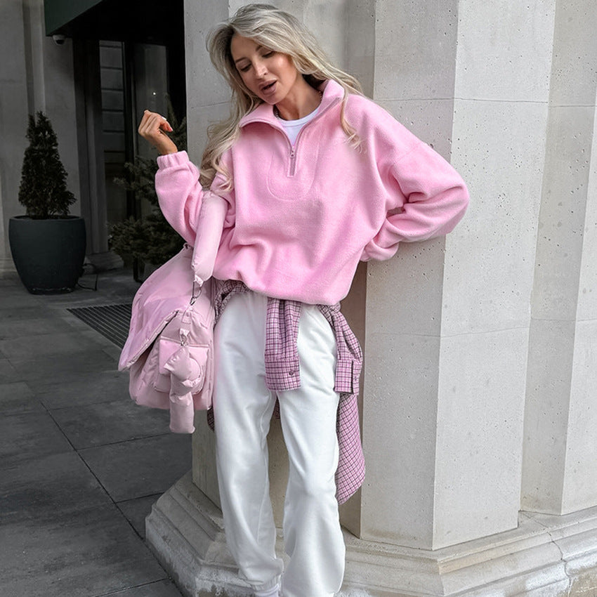 Damen Hochwertiger Fleece-Pullover mit kurzem Reißverschluss R&B
