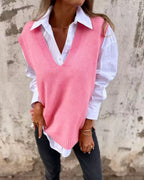Damen lässiger Strickpullover mit V-Ausschnitt R&B