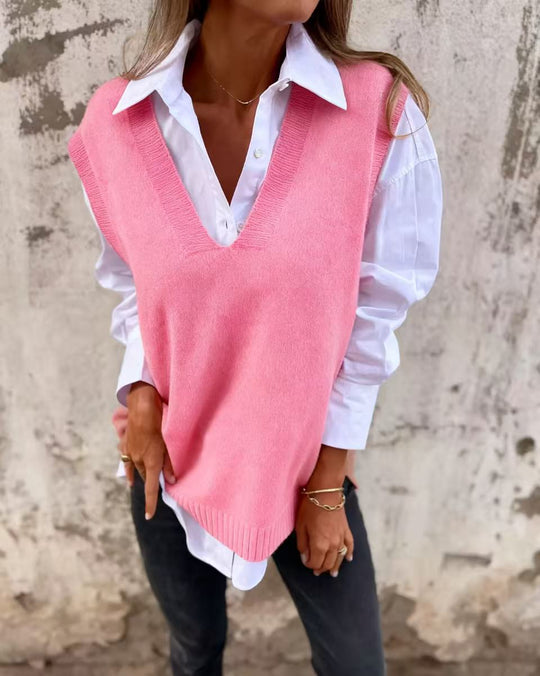 Damen lässiger Strickpullover mit V-Ausschnitt R&B