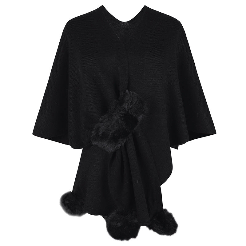 Damen eleganter Poncho mit luxuriösem Kunstfellbesatz R&B