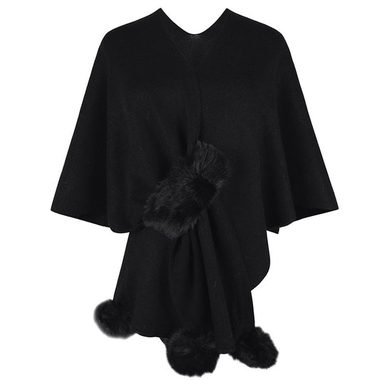Damen eleganter Poncho mit luxuriösem Kunstfellbesatz R&B