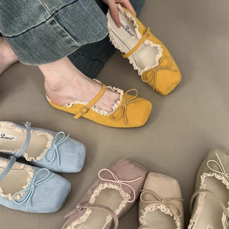Damen elegante Ballerinas mit zartem Riemchen und Spitzenbesatz R&B