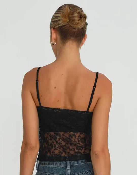 Damen Spitzen-Cami-Top mit zarter Blumenstickerei und feinen Trägern R&B