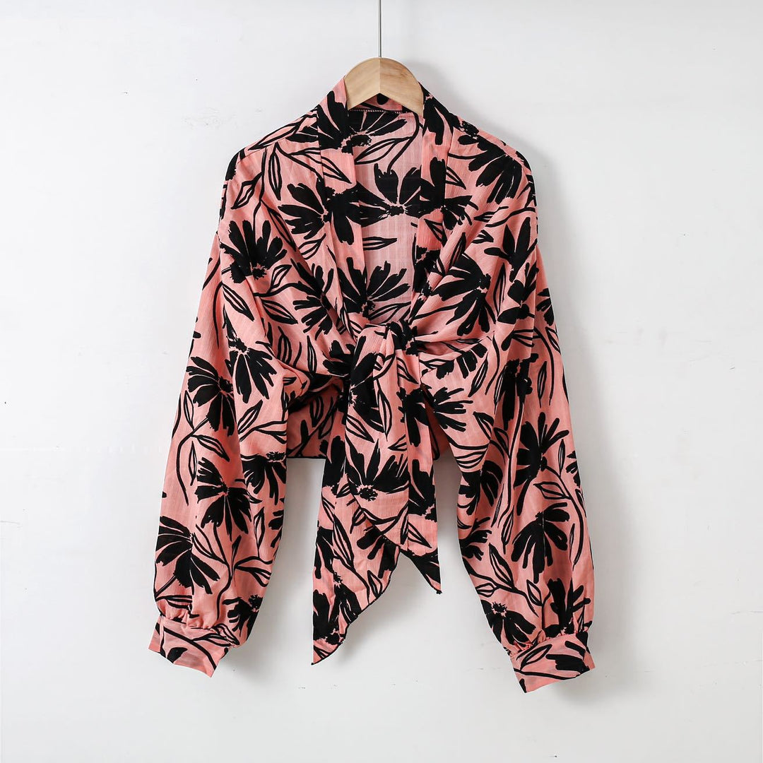 Damen nan florale Knoten-Bluse im Wickelstil mit Ballonärmeln und leichter Leinenoptik R&B