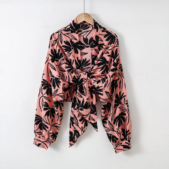 Damen nan florale Knoten-Bluse im Wickelstil mit Ballonärmeln und leichter Leinenoptik R&B