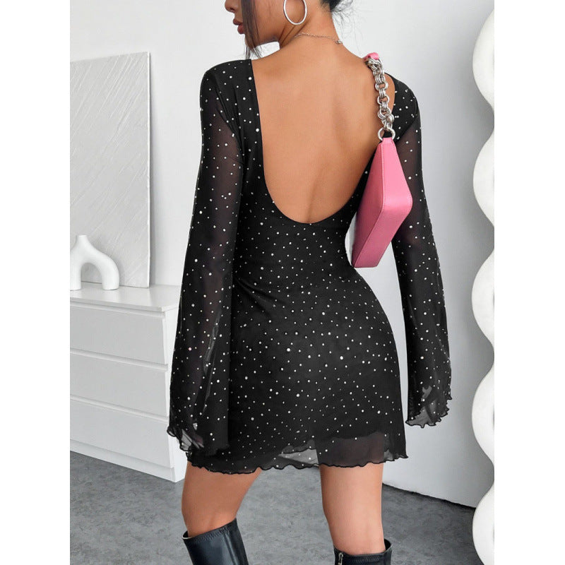 Damen schulterfreies Minikleid mit langärmligen Volantärmeln und tiefem Rückenausschnitt R&B