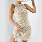 Damen Häkel-Strandkleid mit tiefem Schlitz und raffiniertem Muster R&B
