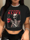 Damen Crop-T-Shirt mit kreativem Skelettdesign und inspirierendem Schriftzug R&B