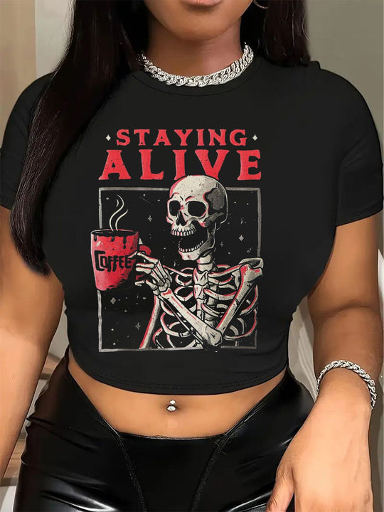 Damen Crop-T-Shirt mit kreativem Skelettdesign und inspirierendem Schriftzug R&B