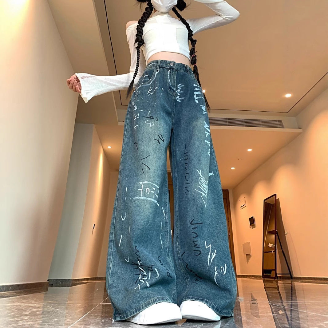 Damen Weite Jeanshose mit kreativem Graffiti-Design R&B