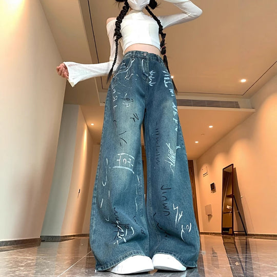 Damen Weite Jeanshose mit kreativem Graffiti-Design R&B