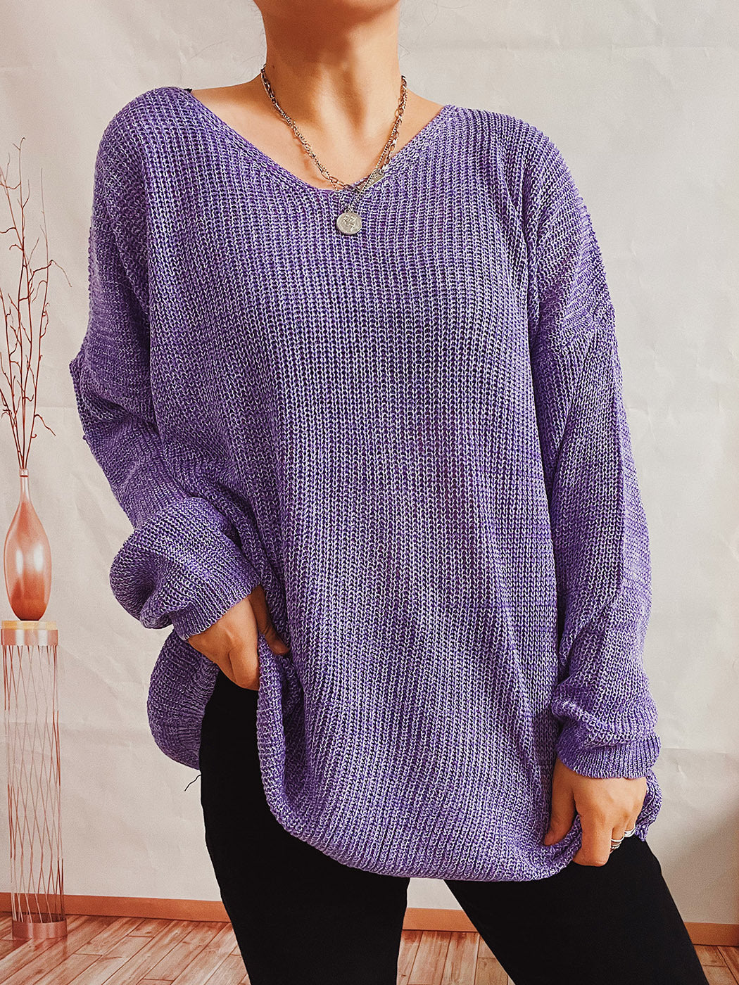 Damen lässiger V-Ausschnitt Pullover mit strukturiertem Strickmuster R&B