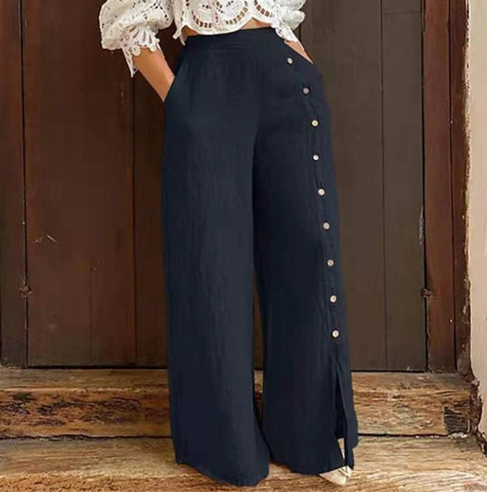Damen nan hochgeschnittene Leinenhose mit seitlicher Zierknopfleiste, Eingrifftaschen und weitem Beinschnitt R&B