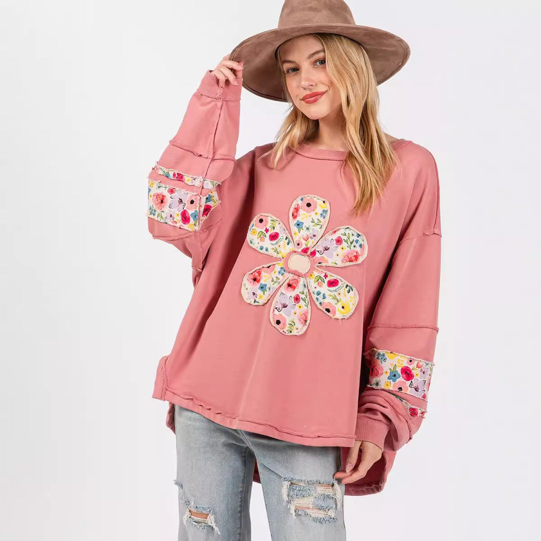 Damen lässiger Oversize-Pullover mit floralem Applikationsdesign R&B