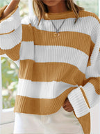 Damen lässiger Strickpullover mit breiten Streifen und lockerer Passform R&B