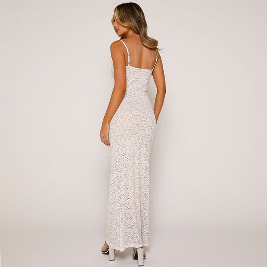 Damen Spitzen-Maxi-Kleid mit verführerischer Silhouette und Spaghettiträgern R&B