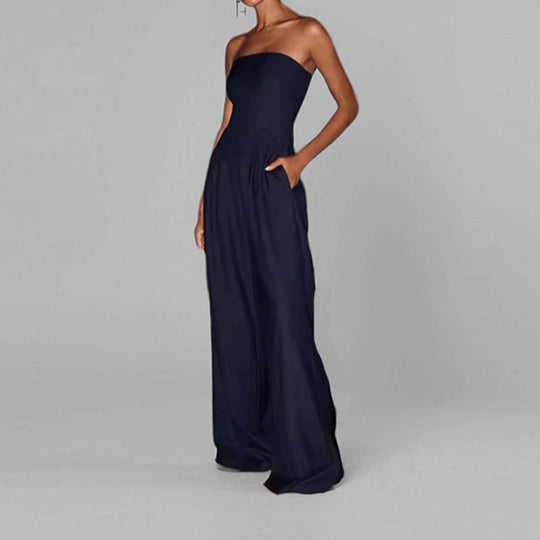 Damen elegantes Maxi-Jumpsuit mit schulterfreiem Design und praktischen Seitentaschen R&B