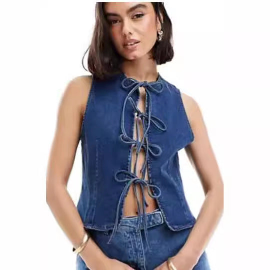 Damen Denim-Weste mit innovativem Schnürverschluss und stylischem Design R&B