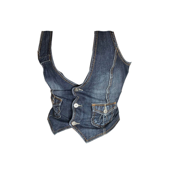 Damen Denim-Bustierjacke mit nostalgischem Spitzeneinsatz und dekorativen Knopfdetails R&B