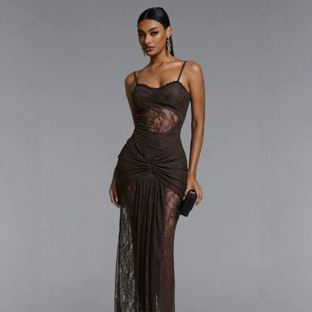 Damen Elegantes Spitzenmaxikleid mit raffinierter Drapierung R&B