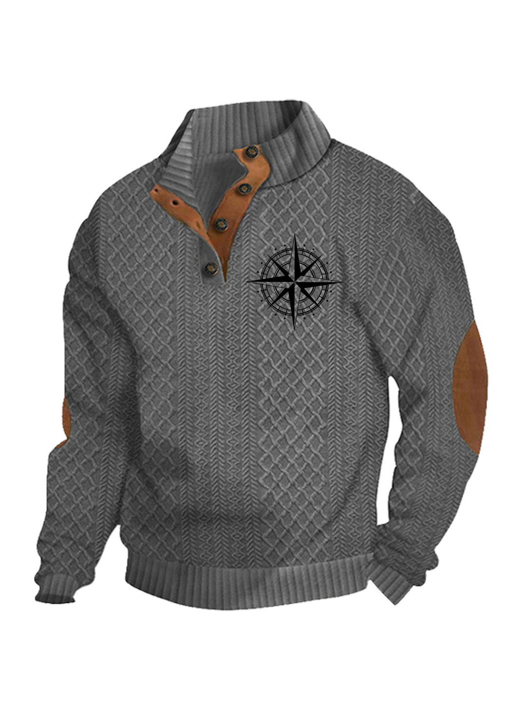 Herren nan Heritage-Strukturpullover mit Stehkragen Lederimitat-Besatz Ellenbogen-Patches und Halbknopfleiste R&B