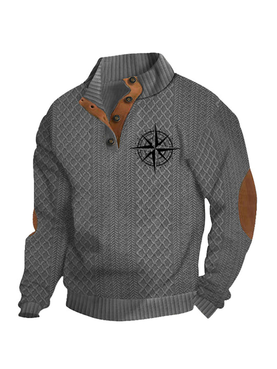 Herren nan Heritage-Strukturpullover mit Stehkragen Lederimitat-Besatz Ellenbogen-Patches und Halbknopfleiste R&B