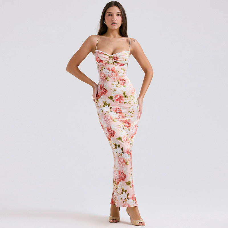 Damen Langärmeliges Satin Maxikleid mit floralen Rüschen R&B